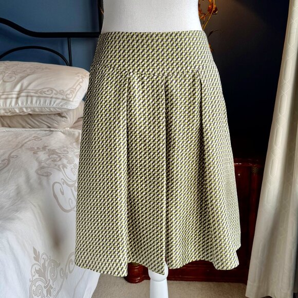 100% Silk Banana Republic Olive Green Brown & Cream A Line Pleated Skirt - Picture 1 of 7